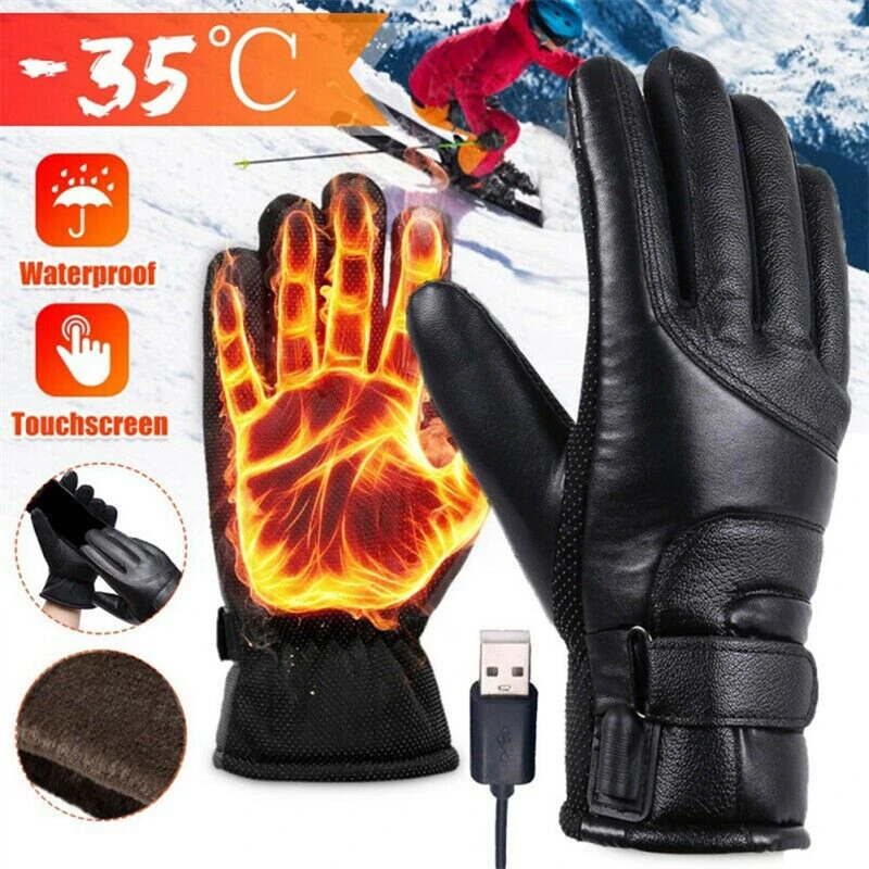 (image for) TENGOO USB Electric Heated Thermostatic Gloves Waterproof PU Touchscreen Heated Gloves Winter Motorcycle Riding Hand Warm Gloves